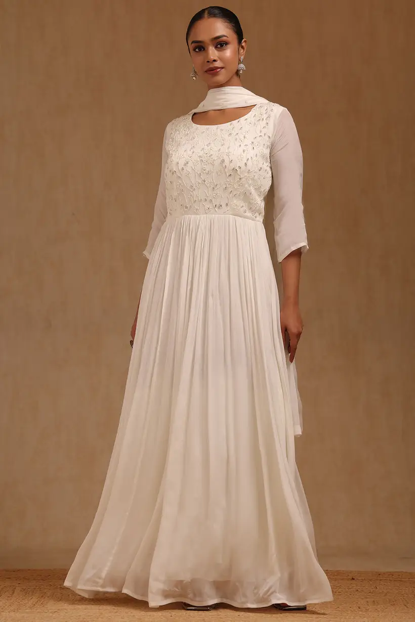 White Chinon Embroidered Gown With Cutdana